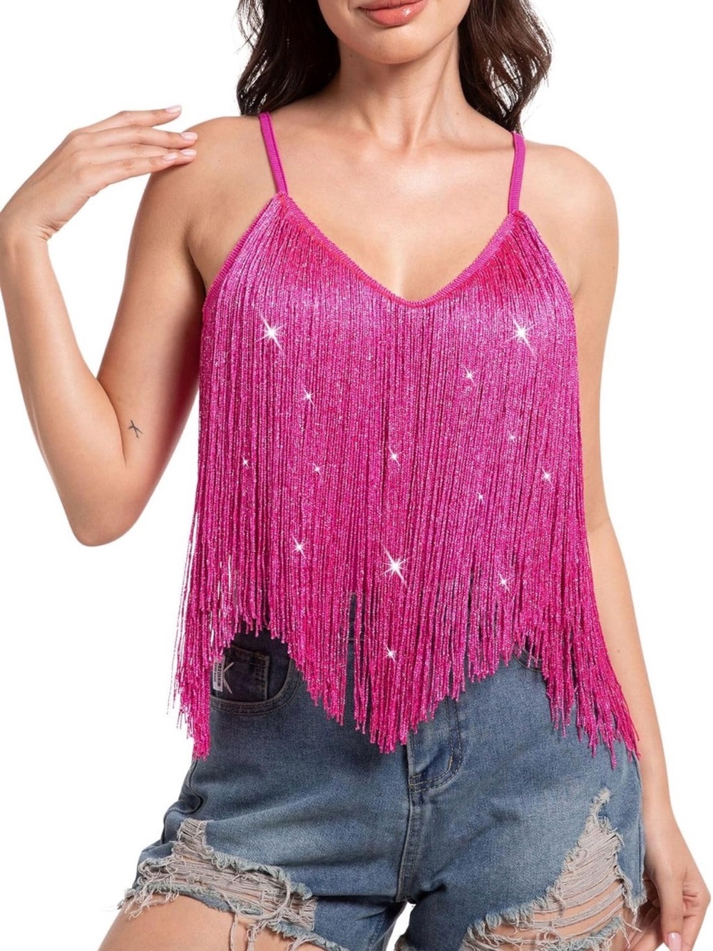 Hot Pink Sparkle Fringe Cowgirl Tank Top / Small / Worn ONCE! / Country Concert!